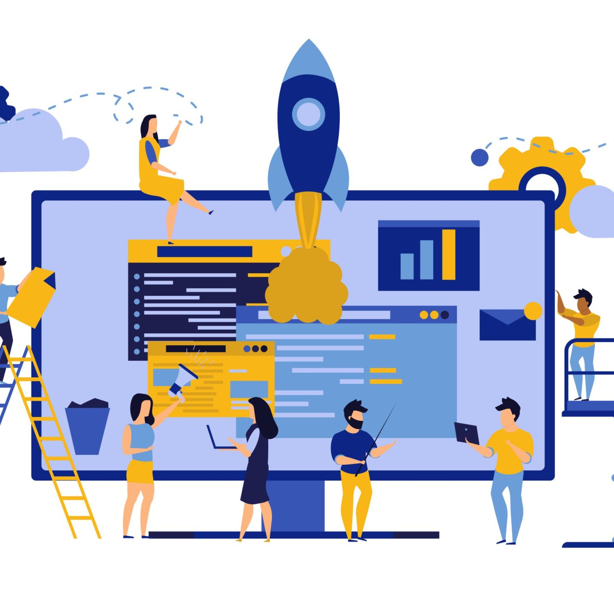 Creative teamwork vector business PC computer office illustration. Man and woman with data desk and rocket. Finance analysis collaboration group person. Internet technology work team. Solution company